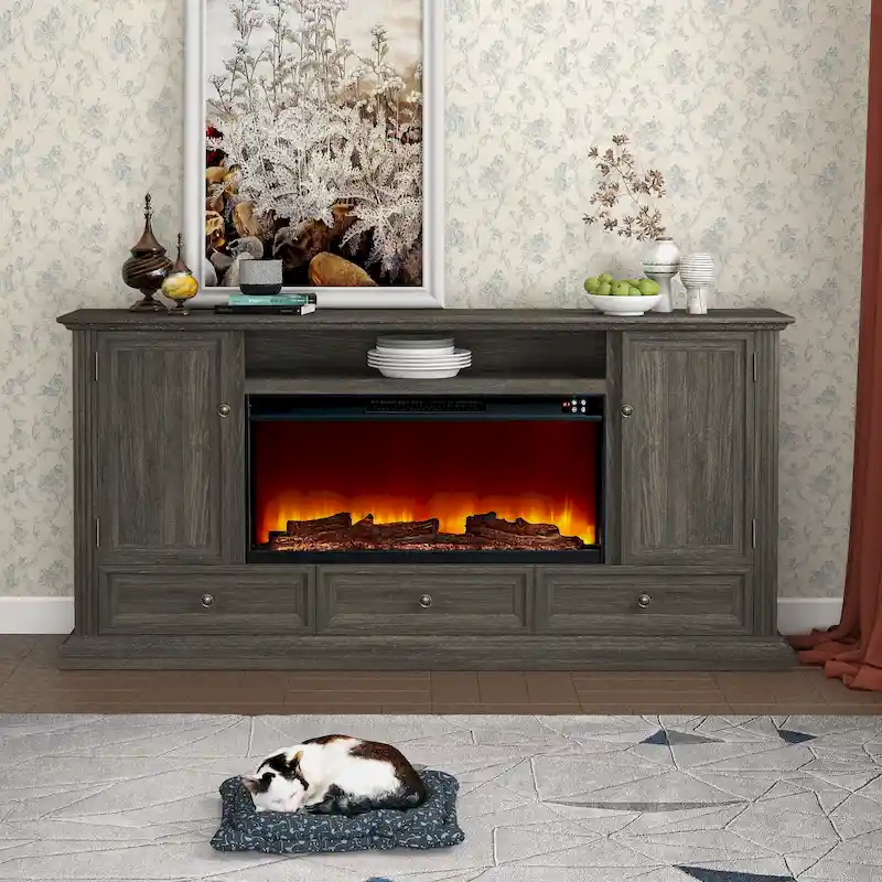 Farmhouse 72 TV Stand with Fireplace - Accommodates up to 75 TV - 73W x 35H x 14D