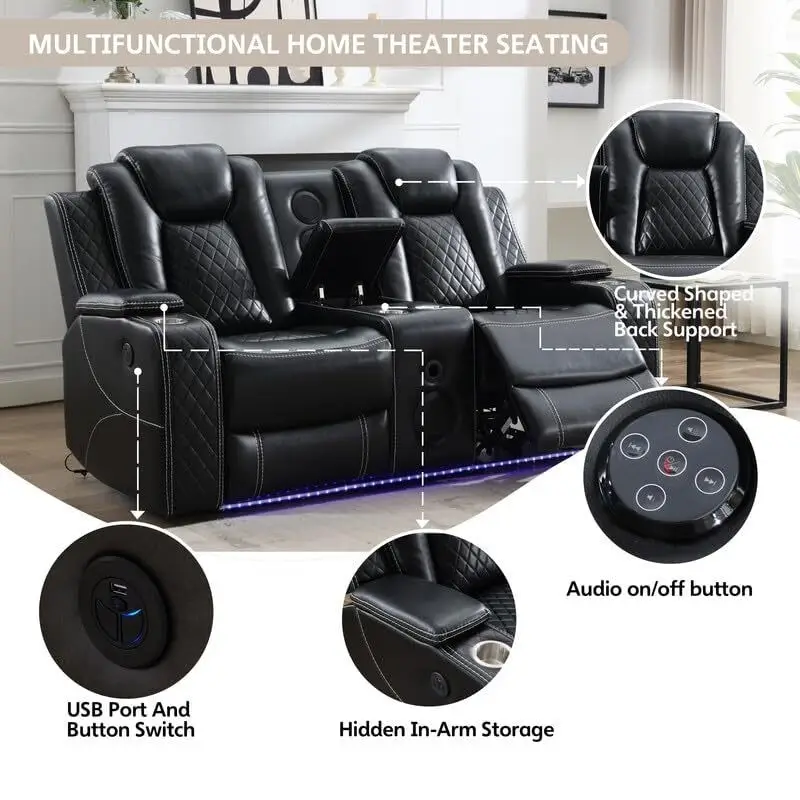 Power Reclining Sofa with Wireless Charger & LED Light – Faux Leather, Black