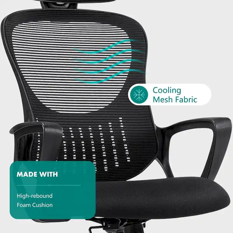 Ergonomic Office Chair, Comfy Computer Desk Chair Mesh High Back with Fixed Arms and Adjustable Headrest, Swivel Rolling Chair