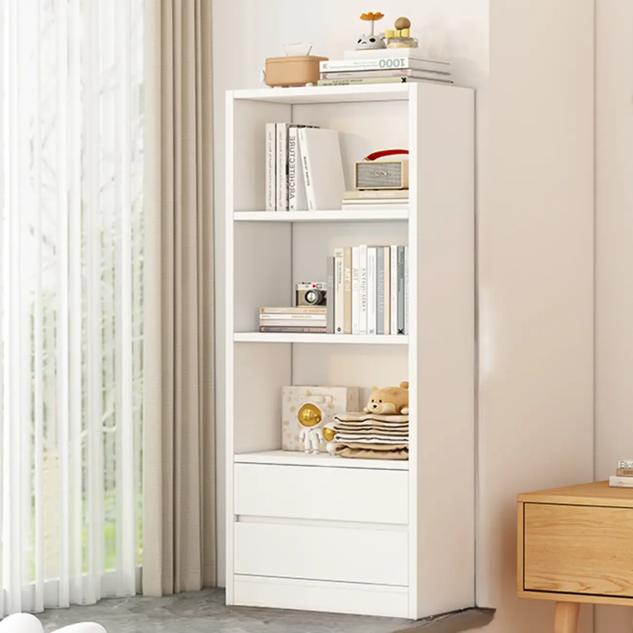 Simple Wooden White 3-Tier Bookcase with Drawers