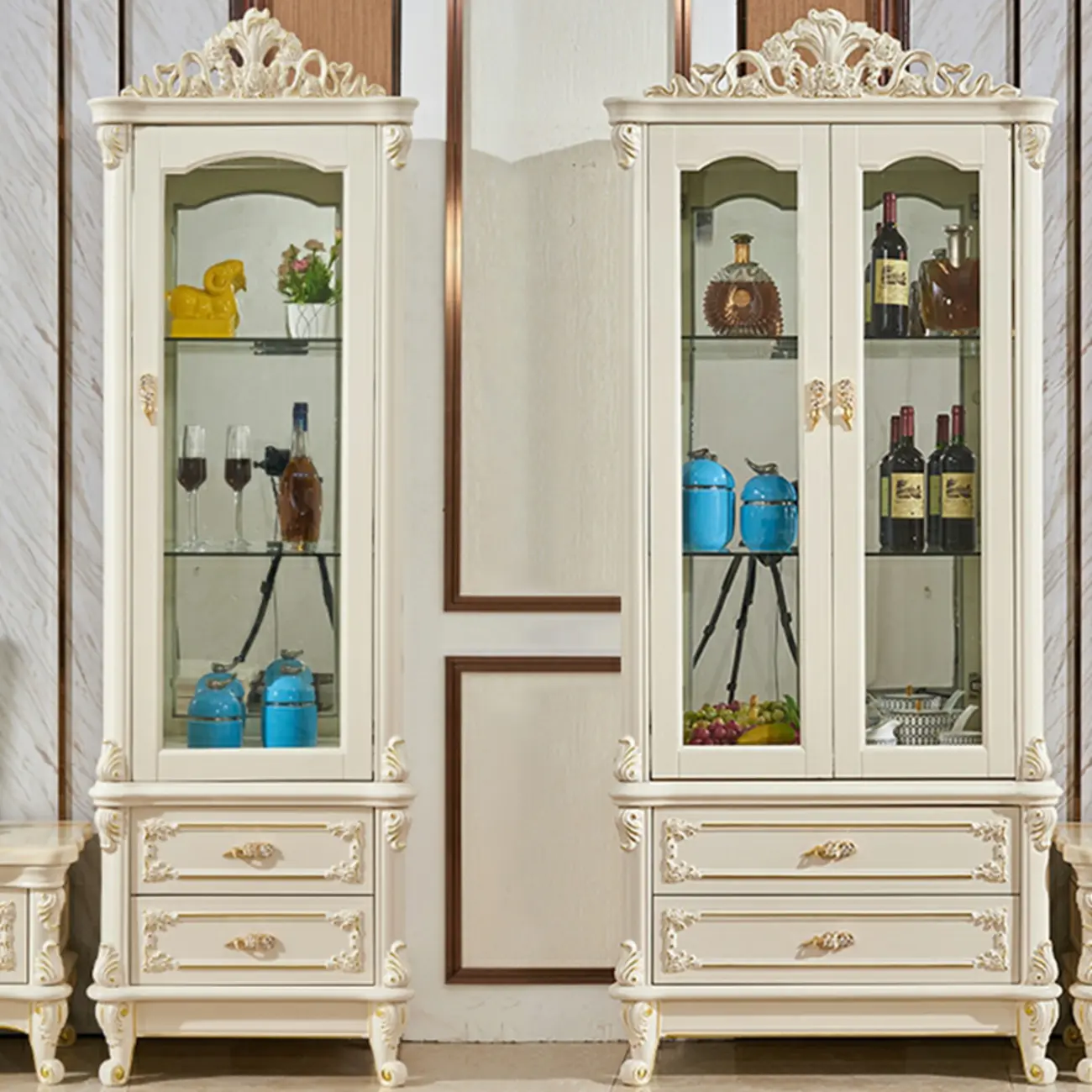 Glam White Wooden Glass Curio Cabinet with Drawers