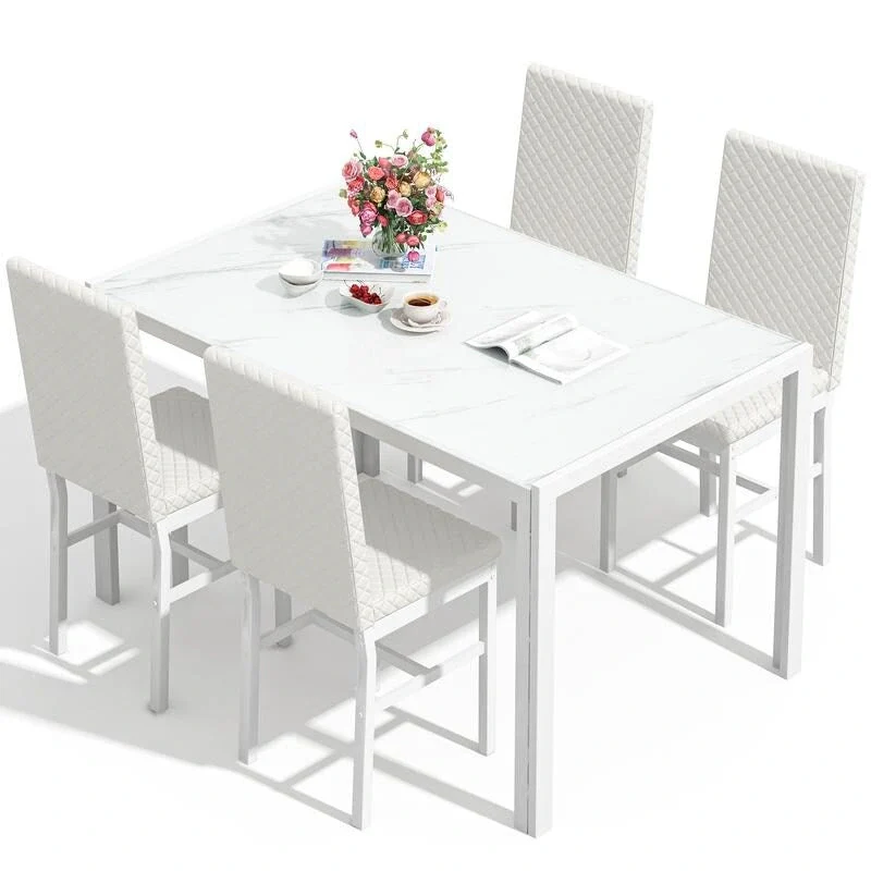 Grondin Modern Style 5-Piece Dining Room Table Set with Tempered Glass Tabletop and 4 Diamond Stitching PU Leather Dining Chairs