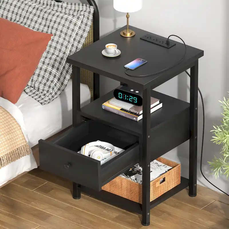 Set of 2 Nightstand with Charge Station and LED Light, End Table with Drawers