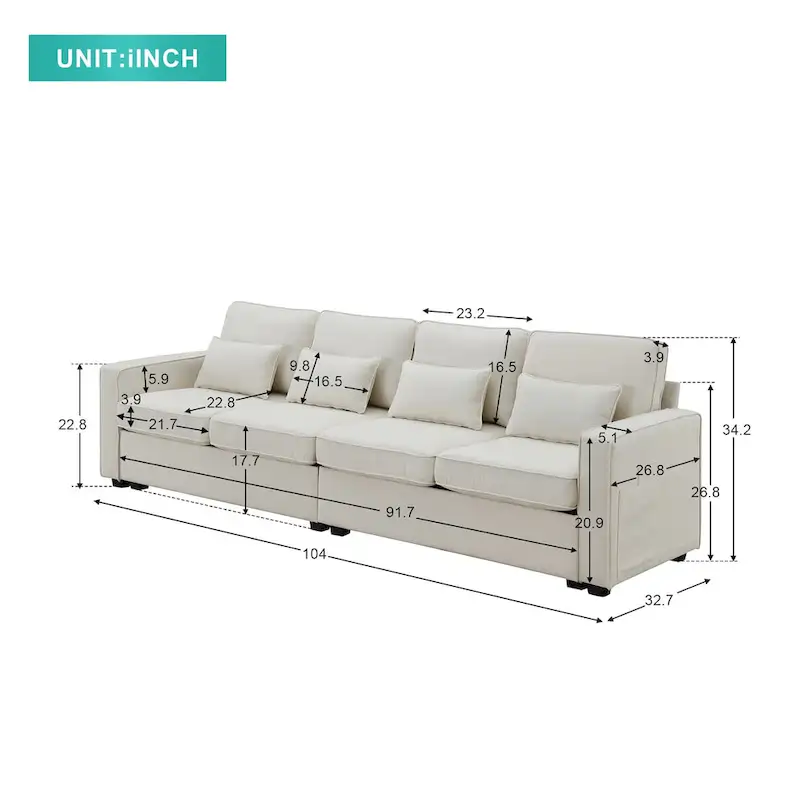 4-Seater Modern Linen Fabric Sofa with Armrest Pockets and 4 Pillows