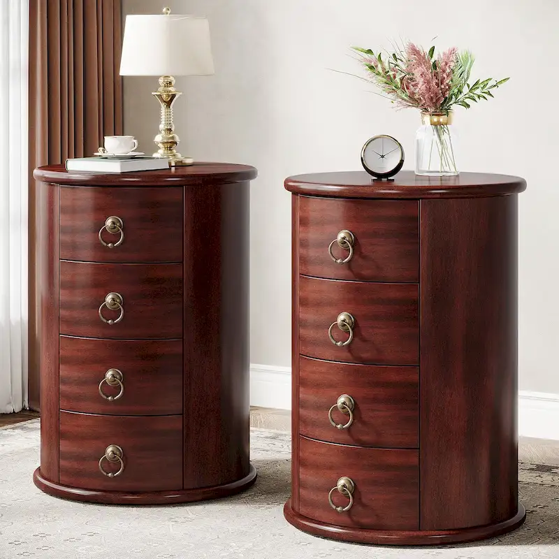 No Assembly Solid Wood End Table, Vintage Round Side Drawers Table