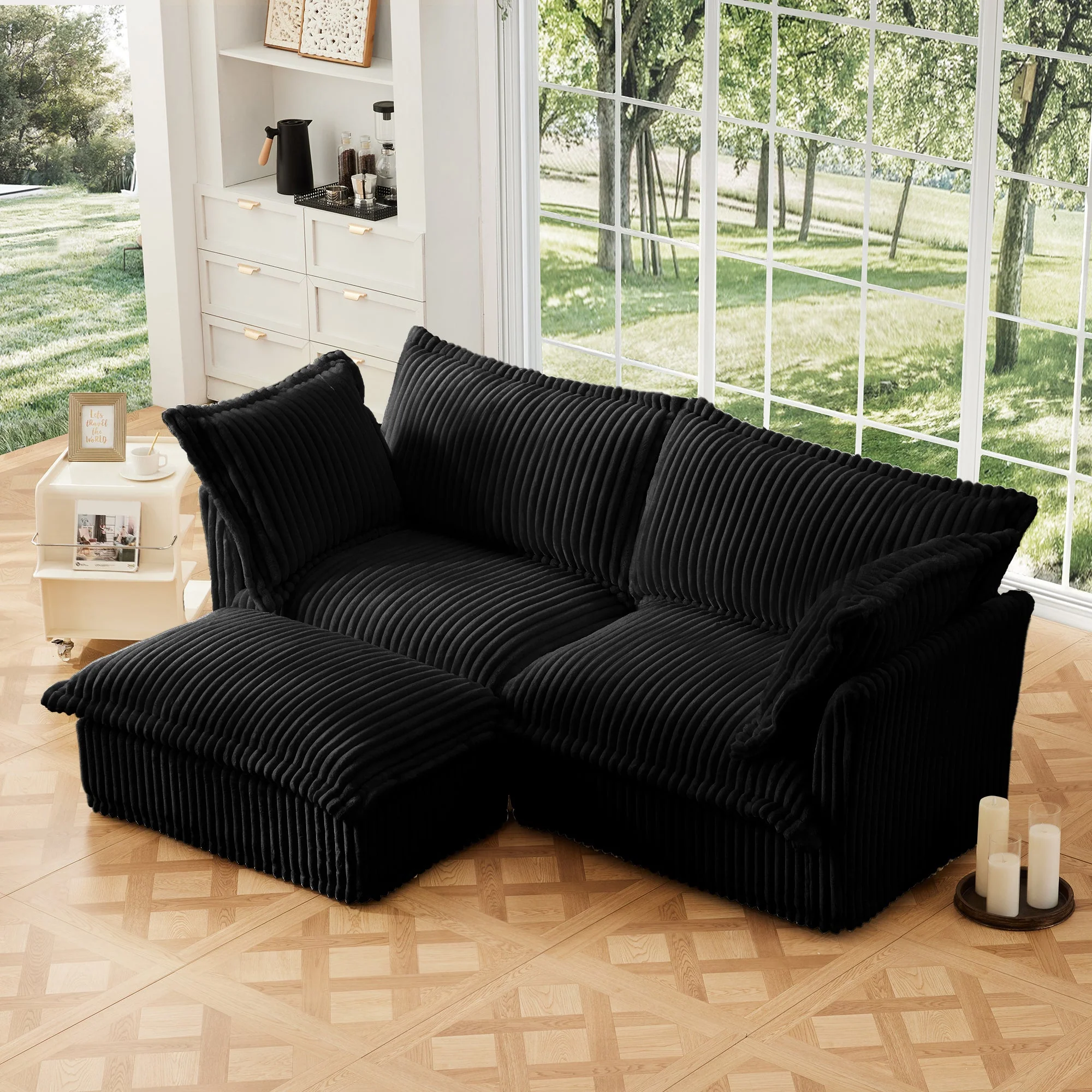 Walker Edison | Cloud Slipcovered Black Sectional Sofa with Ottoman