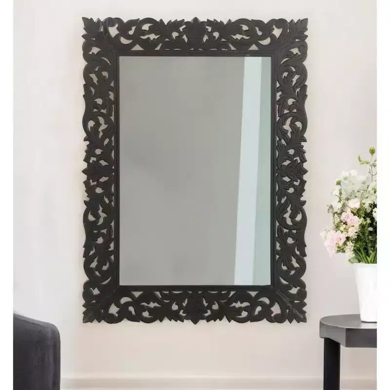 Black Floral Carved Wood Framed Wall Mirror
