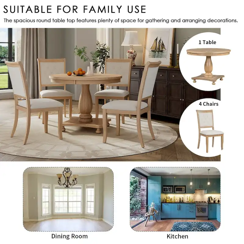 Retro Round Dining Table with 4 Upholstered Chairs