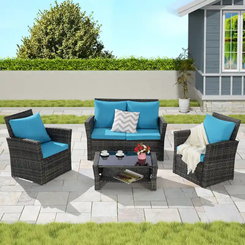 4 Piece Patio Furniture Set, Outdoor Rattan Wicker Sofa Set with Water Resistant Cushion and Tempered Glass Coffee Table