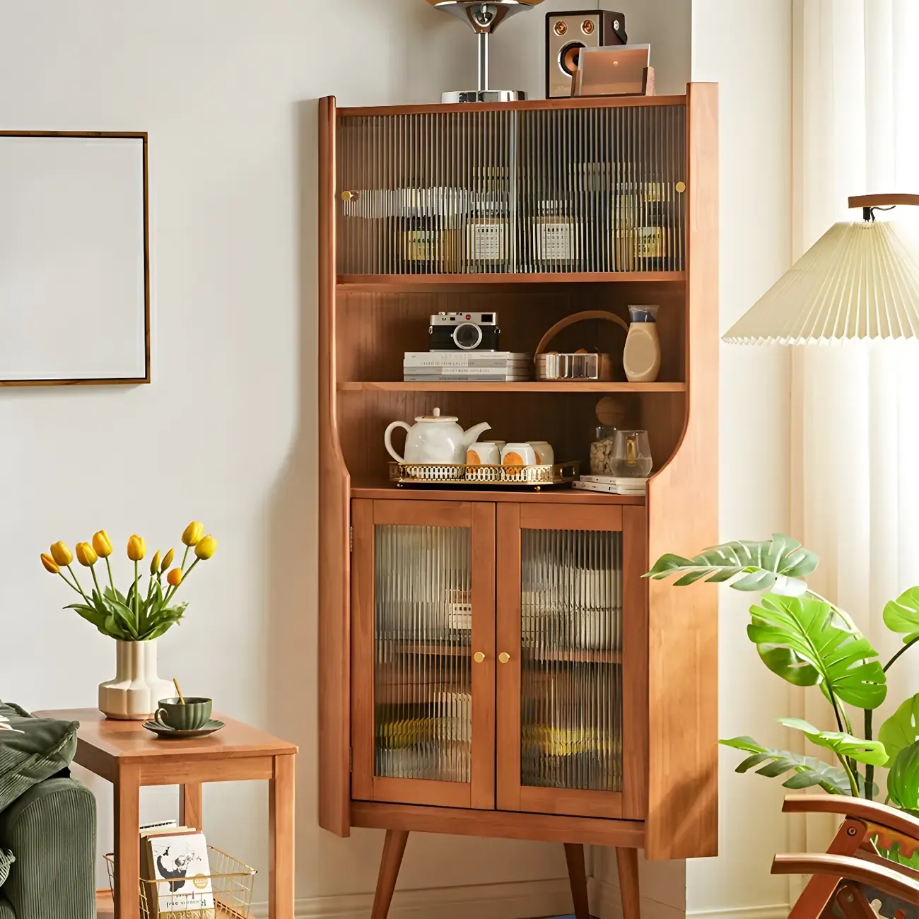 Adjustable Shelves Wood Cherry Open Corner China Cabinet