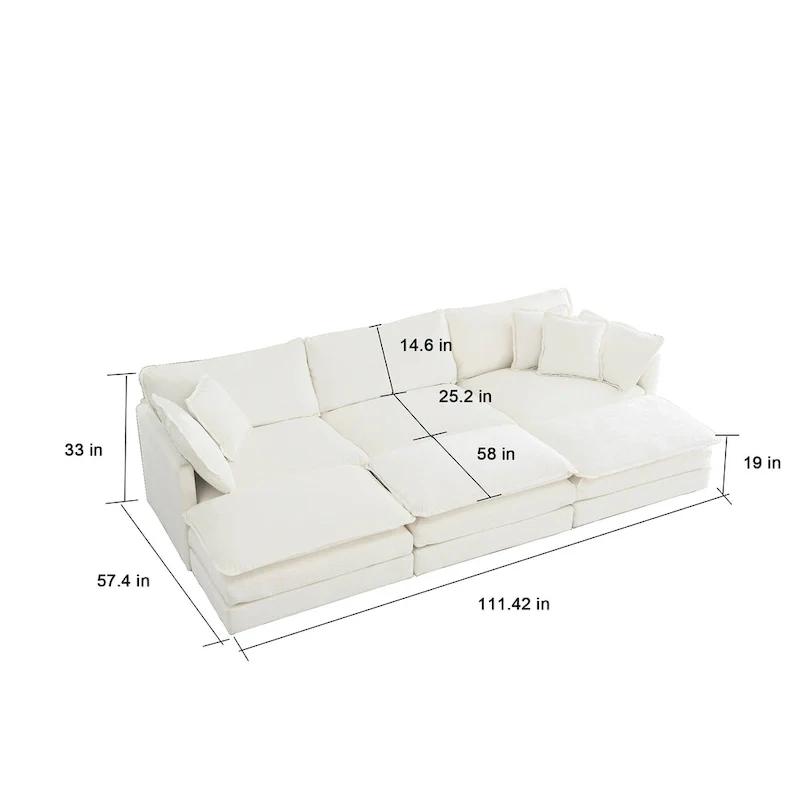 6-Seater U-Shape Sectional Sofa with 3 Ottomans and Pillows