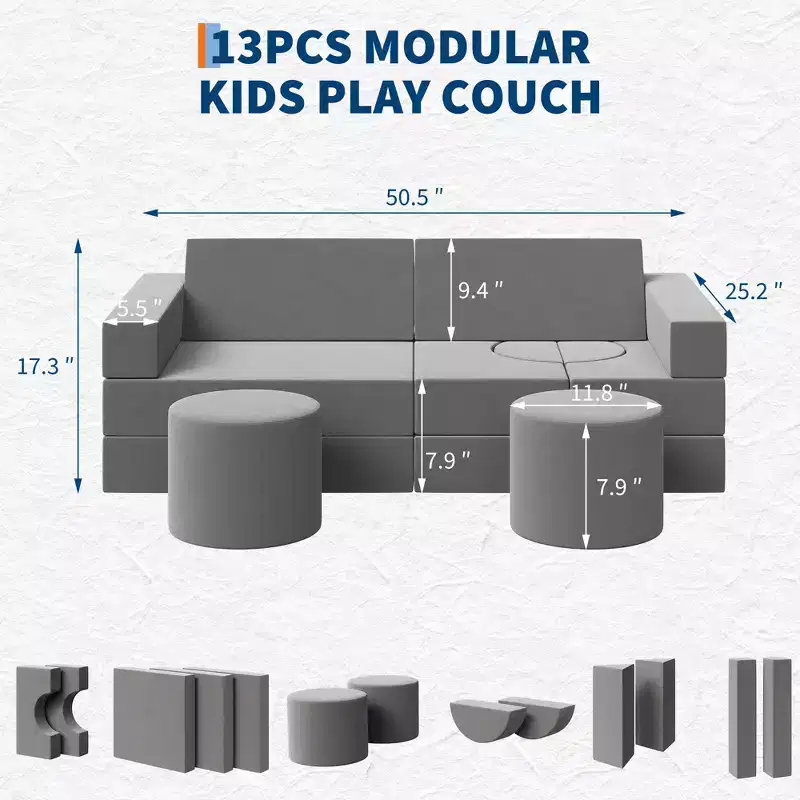 Kids Modular Play Couch, 13 Pcs Toddler Couch With Washable Velvet Covers, Convertible Foam Floor Chair for Playroom, Living Room