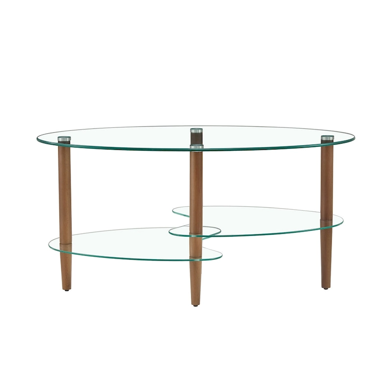 Oval glass coffee table, Transparent coffee table, modern table in living room with Oak wood legs, tea table