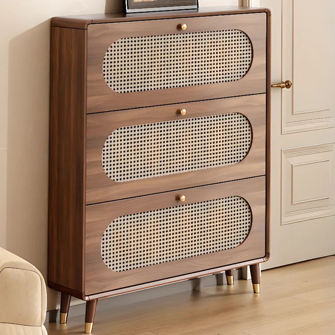 Bohemian Slim Brown Drop-Front Wood Shoe Cabinet