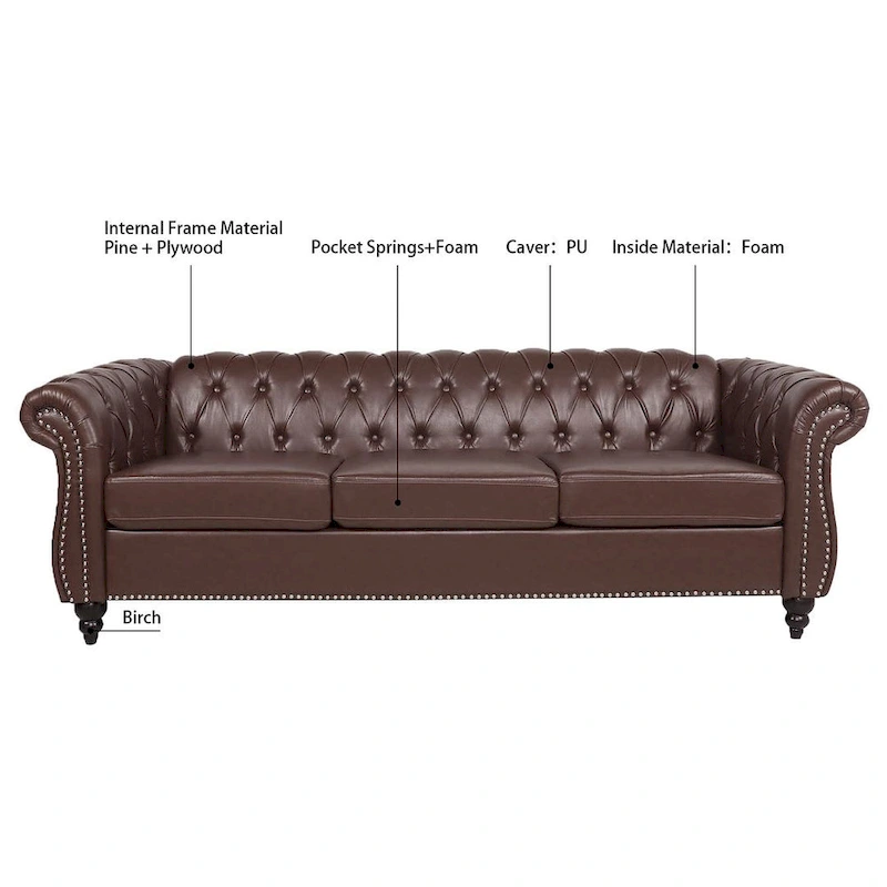 84.65 Chesterfield Tufted Faux Leather Sofa with Rolled Arms