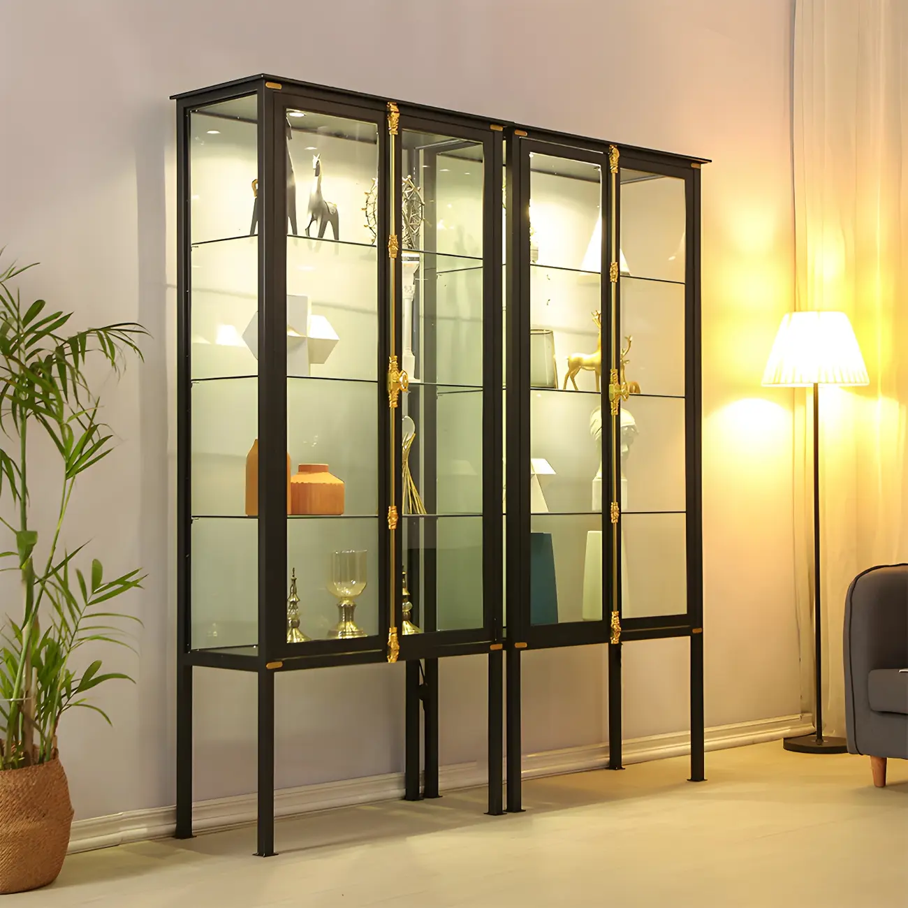 Glam Black Metal Frame Glass Curio Cabinet