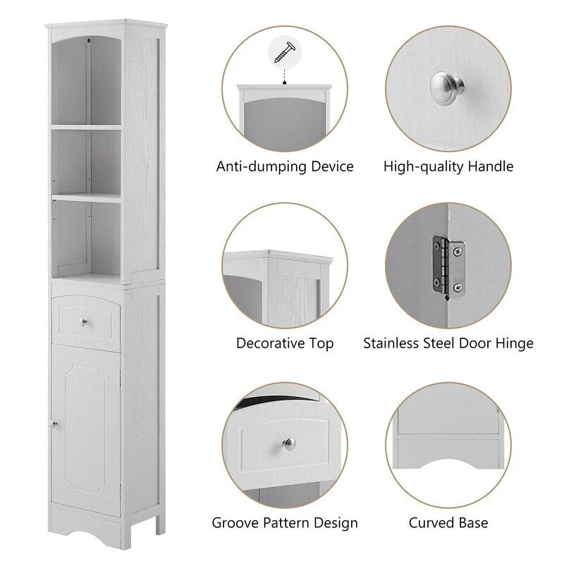 72 Bathroom Tall Cabinet with Drawer and 5 Adjustable Shelves