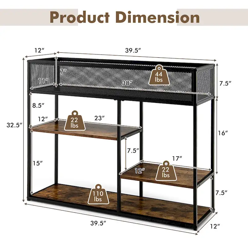 4-Tier Console Table w/ Wire Basket Narrow Sofa Table w/ shelf