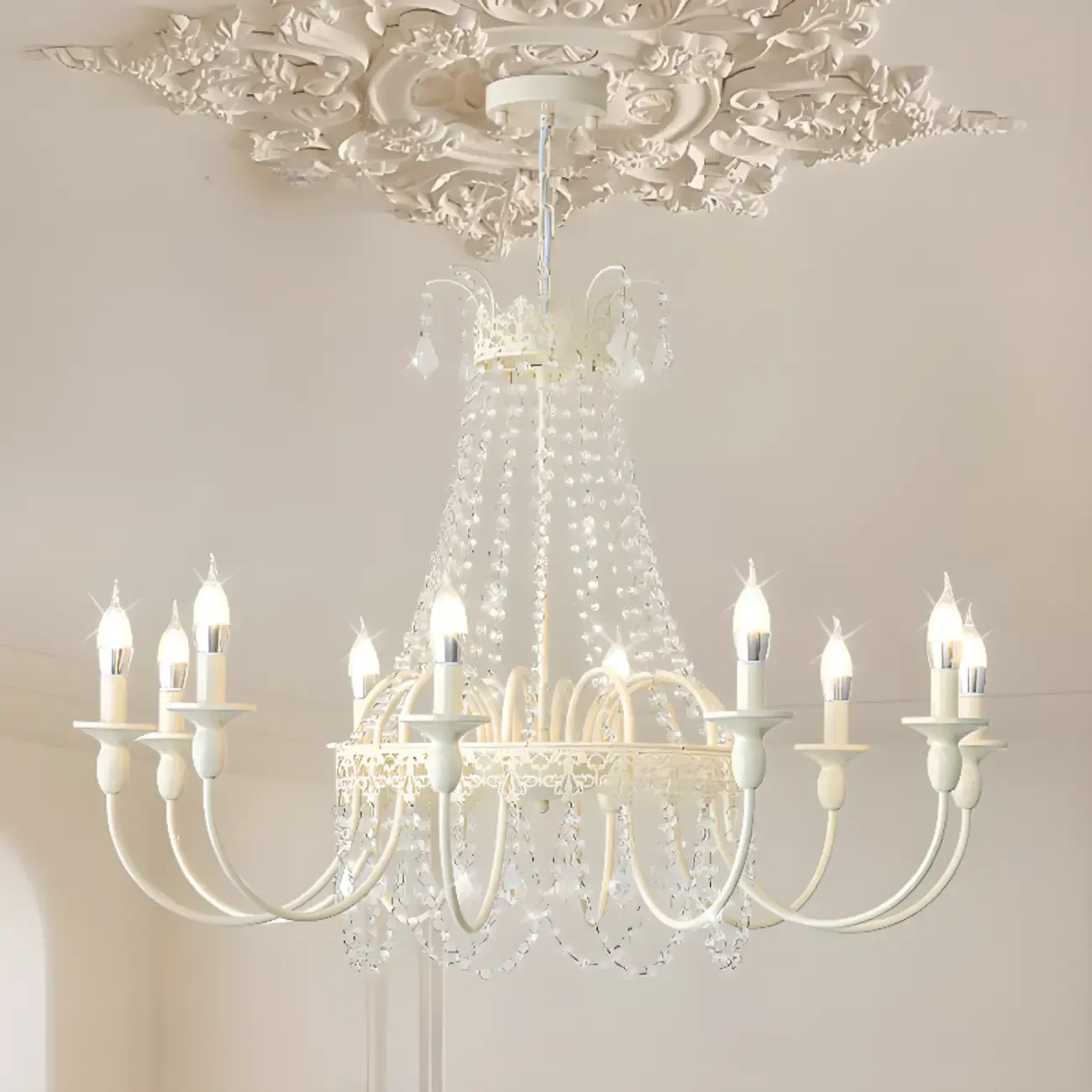 White Crystal Chandelier Classic Iron Elegant Design