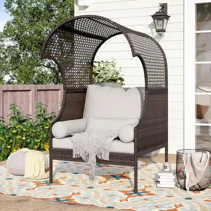 Single Rattan Sofa with Top Canopy, Elegant Wicker Couch for Outdoor