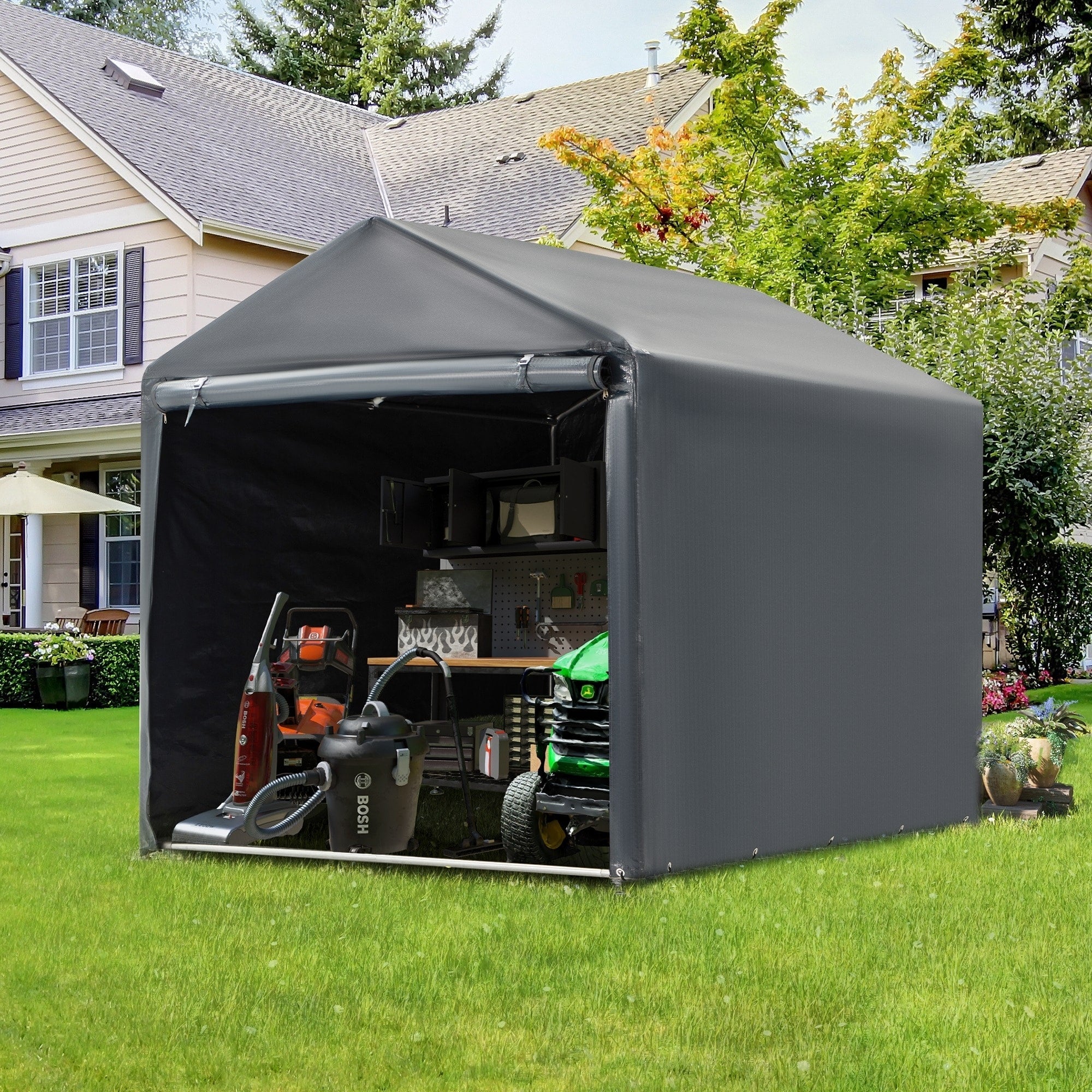 Outdoor Storage Shed and Carport Canopy: Portable Shelter for Bikes, Motorcycles, and Garden Storage