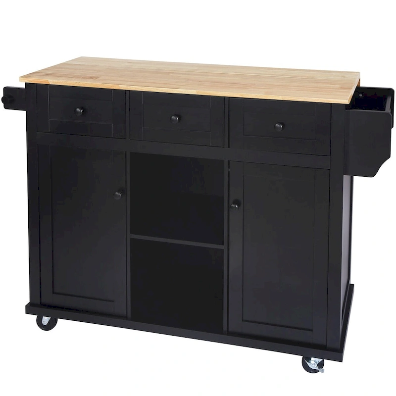 Kitchen Cart with Rubber wood Drop-Leaf Countertop
