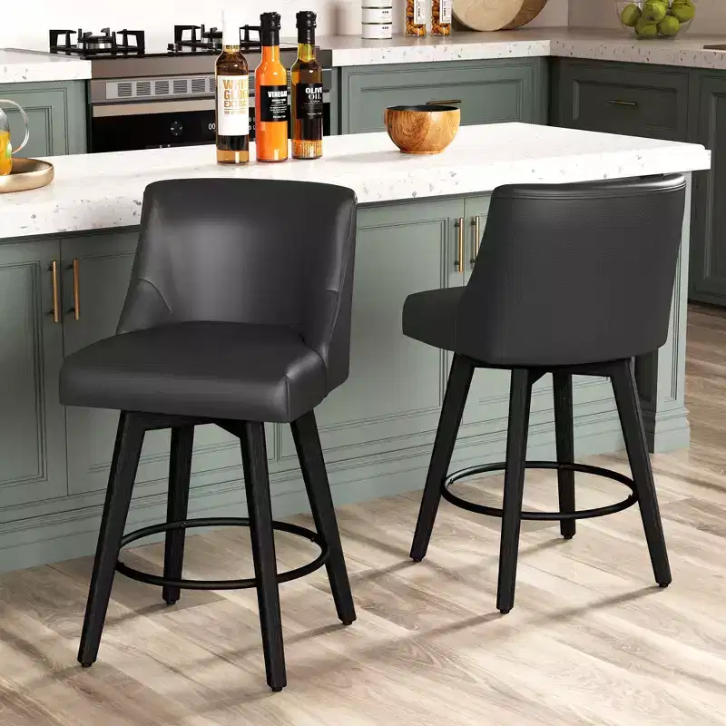 Dyonery 26 Height Counter Height Bar Stools Set of 2, Upholstered Swivel Fabric Kitchen Counter Stools with Back, Solid Wood Legs, Grey