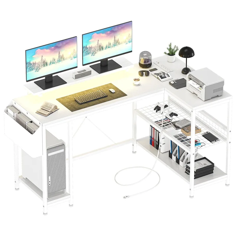 Modern L Shaped Computer Desk with Power Outlets & LED Light