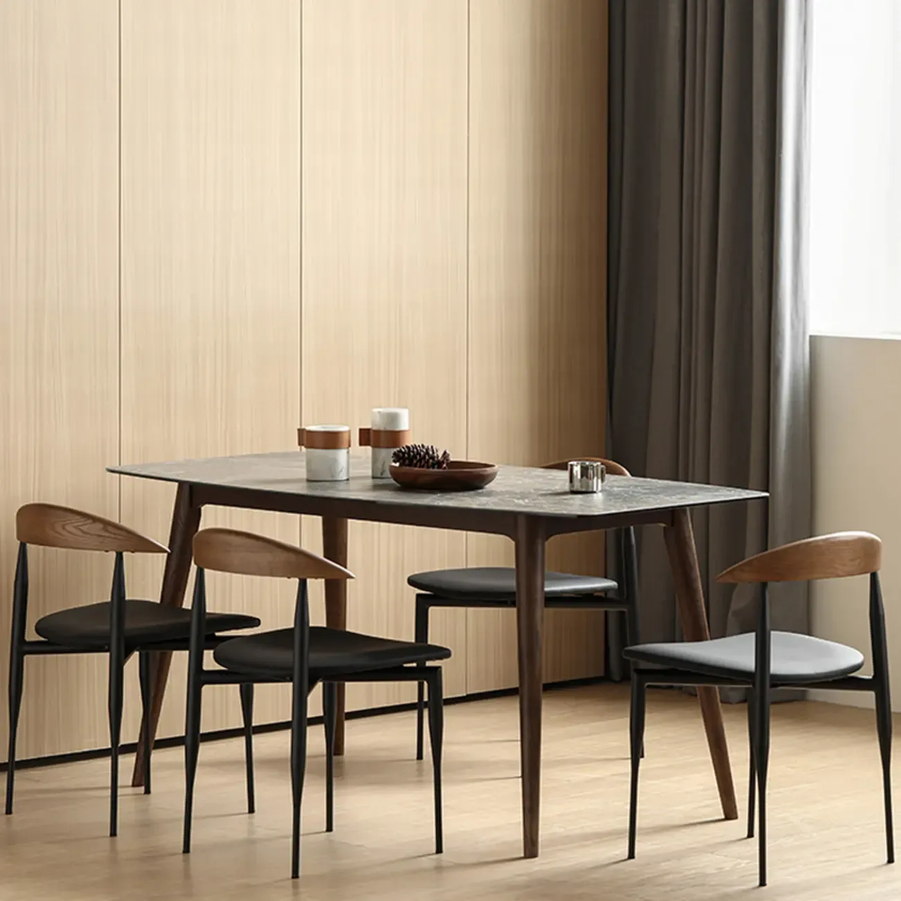 Mid-Century Modern Dining Chair with Black Leather Seat