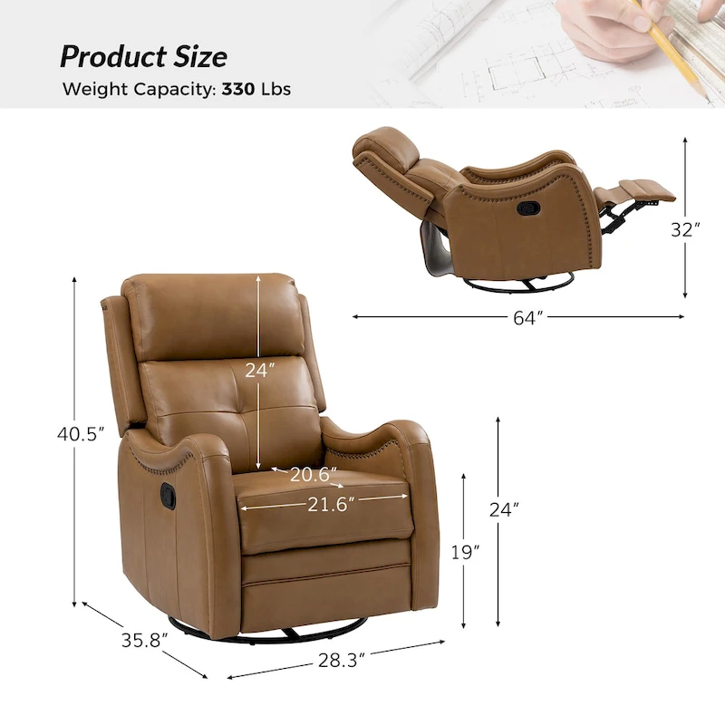 FrancoModern Genuine Leather Swivel Rocker Recliner with Nailhead Trims by HULALA HOME