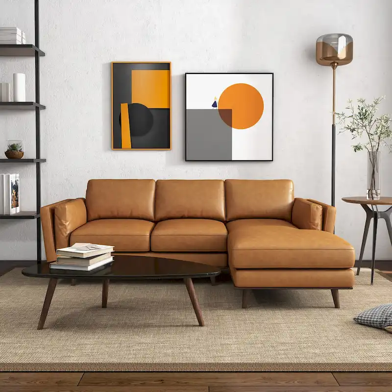Modern Living Room Top Leather Corner Sectional Couch in Tan