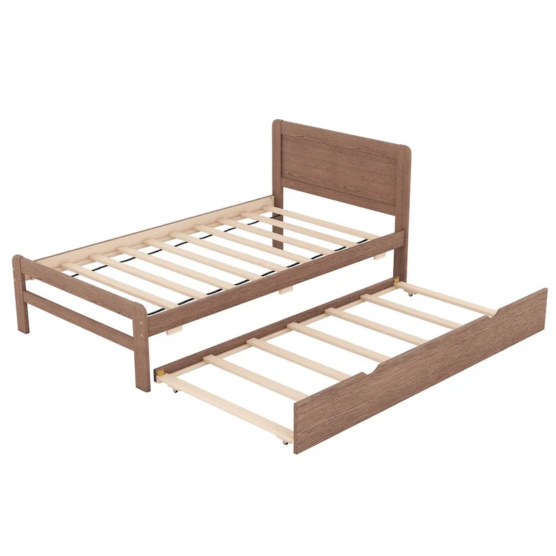 Brown Solid Wood Twin Bed with Trundle
