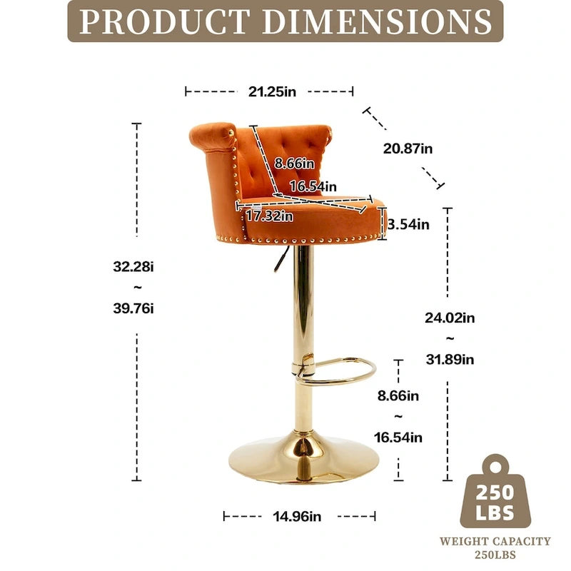 Velvet Upholstered Tufted Nailheads Swivel Adjustable Height Bar Stools With Golden Footrest(set of 2)