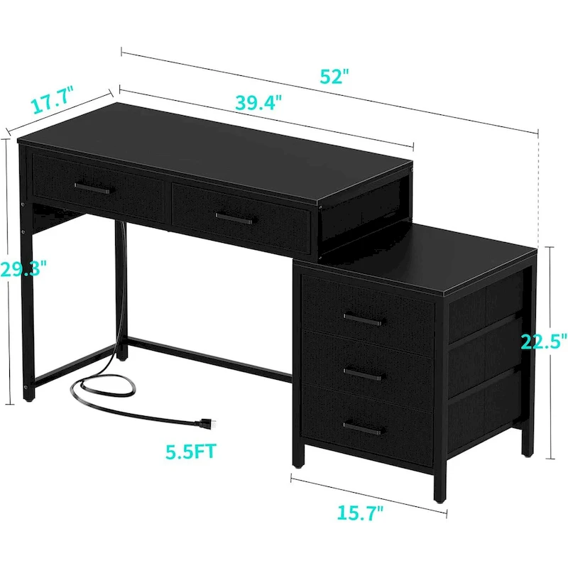 55 Computer Desk with 5 Fabric Drawers,Home Office Desk with Power Outlets  Printer Stand