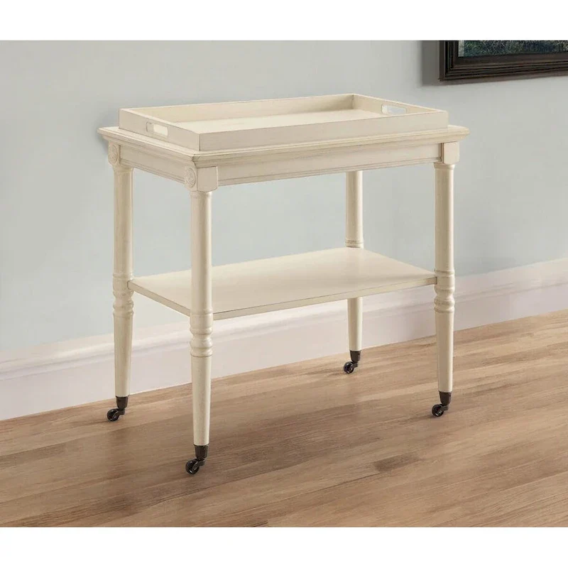 HomeRoots 30 Antiqued White Wood Rolling Bar Cart - 30 W x 18 D x 32 H
