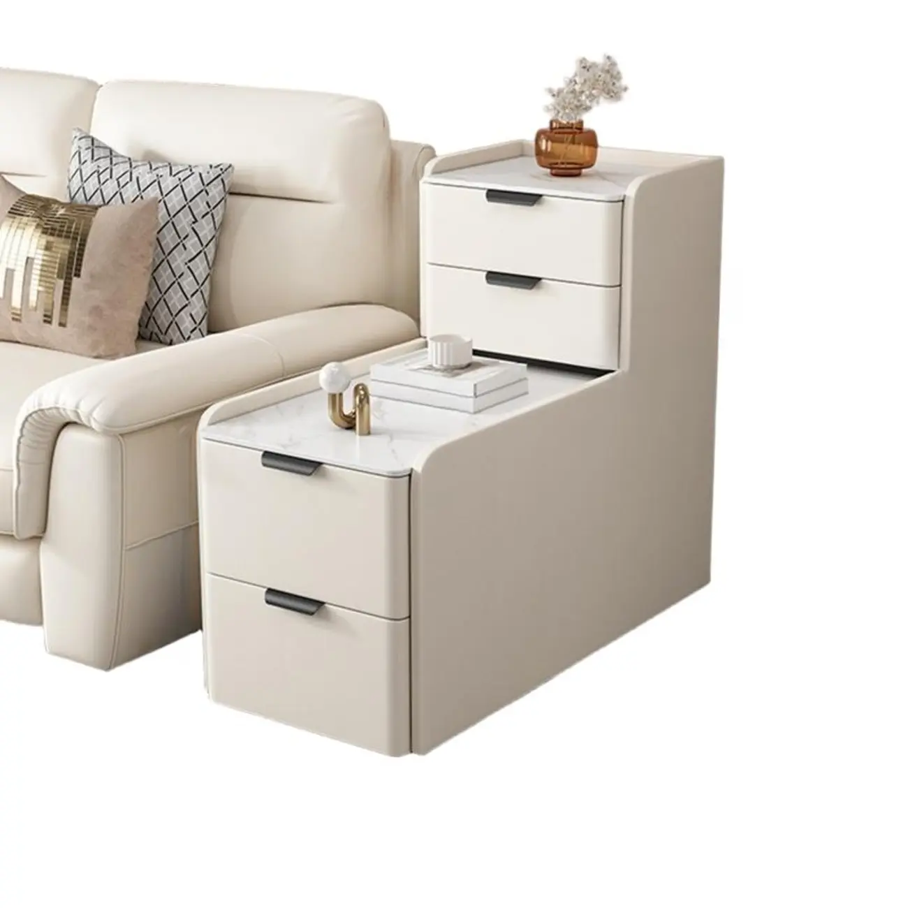 Tall 4-Drawer Stone Top Wooden L-Shaped Sofa End Table