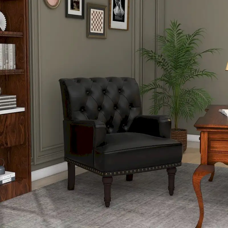 Button-Tufted PU Leather Accent Chair, Black/Brown/Beige, Nailhead Trim, Seats 1
