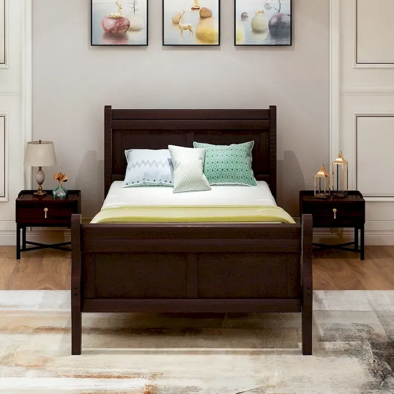 Twin/Full/Queen Wood Frame Sleigh Bed with Footboard