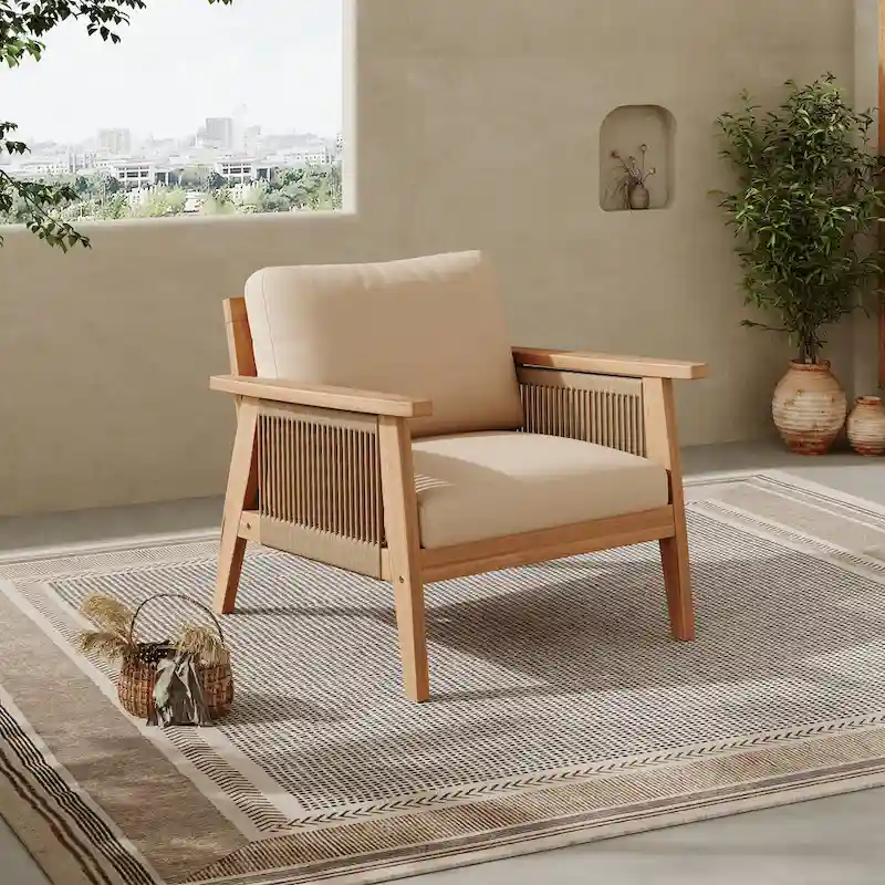 Outdoor Acacia Wood and Rope Patio Chair with Cushions (Single)