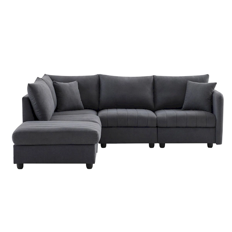 Modern 5-Seat L-Shape Sectional Sofa with Vertical Stripes, 2 Pillows, Convertible Ottoman