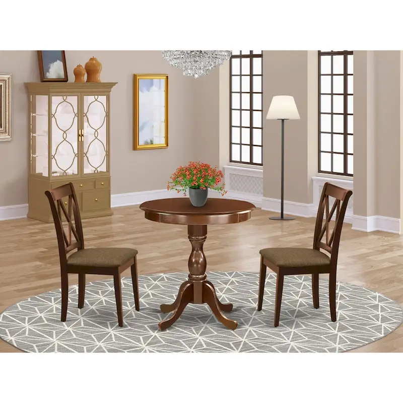 East West Furniture 3 Piece Dining Table Set- a Round Kitchen Table with Pedestal and 2 Dining Chairs, Mahogany(Seat Options)