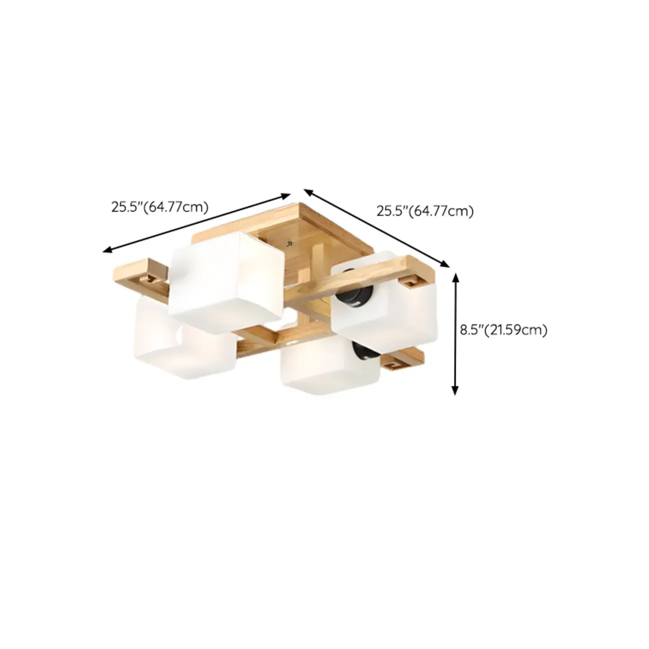 8.5 Height Square Glass Natural Wood Semi Flush Ceiling Light