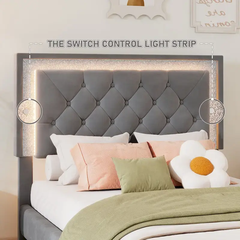 Grey Twin Velvet Bed with LED Lights & Tufted Headboard