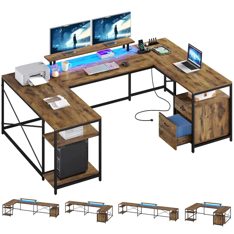 U-Shaped L-Shaped LED Computer Desk Reversible Corner Home Office Gaming Desk with Power Outlets
