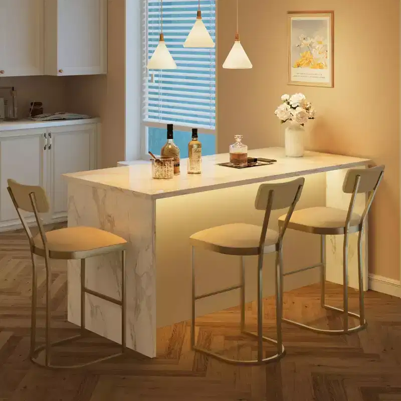 Bar Stools Set of 4, High Back Counter Height Bar Stools with White Velvet Upholstery & Gold Metal Legs, Soft Padded Kitchen Island Stools, Bar Chairs