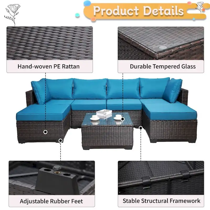 7-Piece Rattan Wicker Cushioned Sofa Sets with Coffee Table