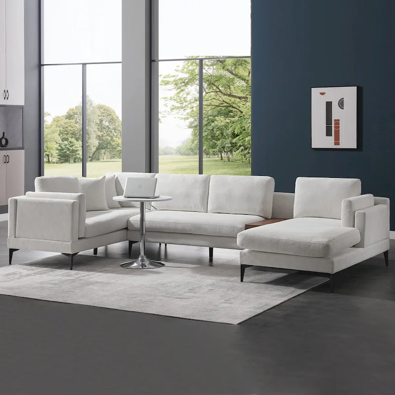 Modular U-shaped Linen Reversible Sofa with a Wooden Side Table Box and Reversible Design