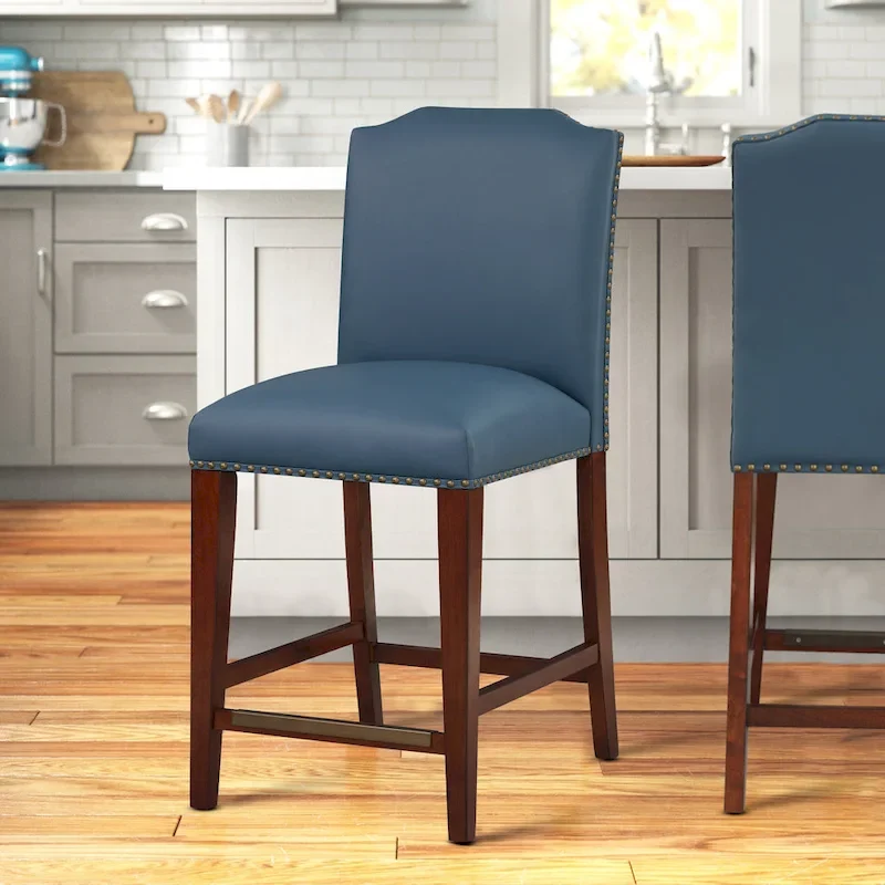 Stationary Faux Leather Counter Stool with Nail Head Trim, Modern Bar Stool