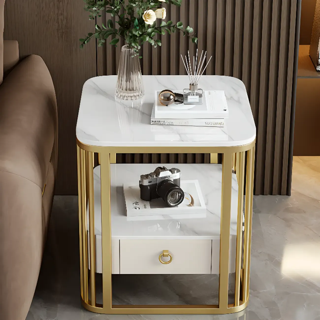 2-Tier White Marble Side Table with Storage and Metal Frame