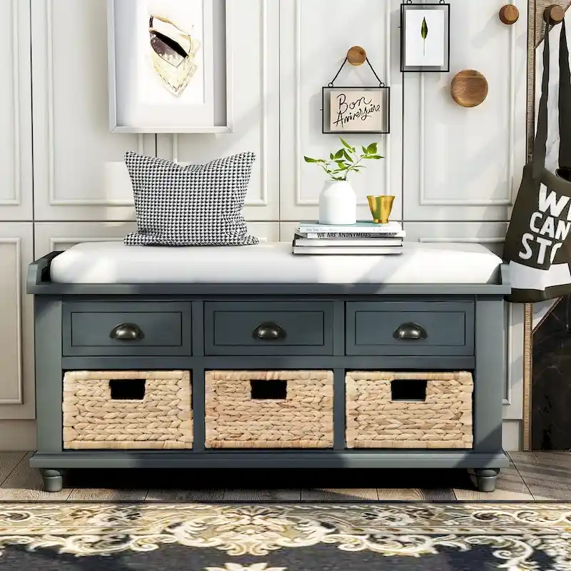 Blue / White / Natural / Brown Storage Bench with 3 Drawers & 3 Wicker Baskets